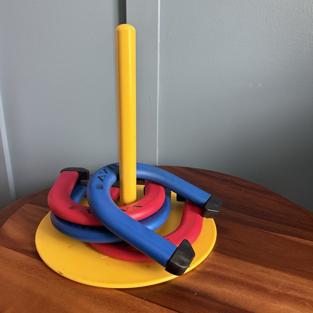 Vintage Aviva Horseshoe Toss Game Set Red Blue Weighted Horseshoes Yellow Stand
